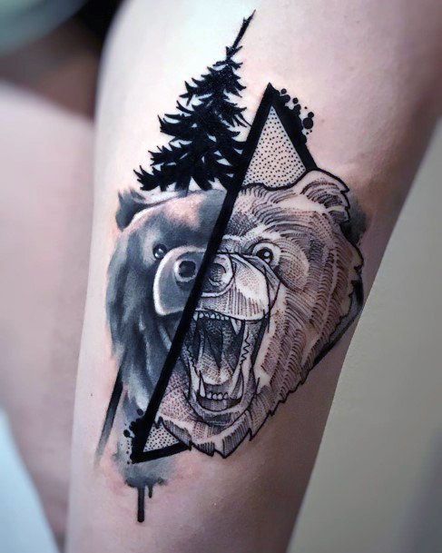 Pine Tree Black And Angry Bear Tattoo For Women