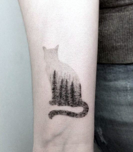 Pine Trees Landscape On Cat Tattoo For Women