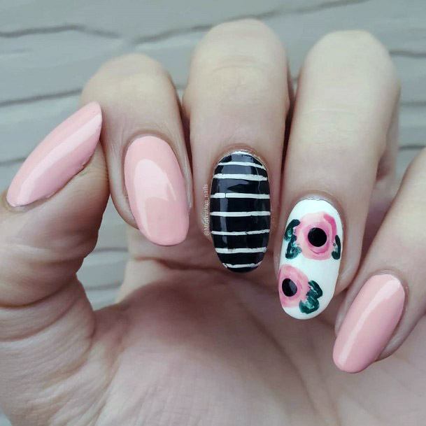 Pink And Black Lines And Florals Spring Nails Women