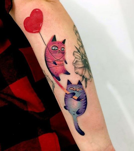 Pink And Blue Cat Tattoo With Heart Balloon For Women On Arms