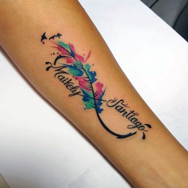Pink And Blue Feather Tattoo For Women Hands Infinity