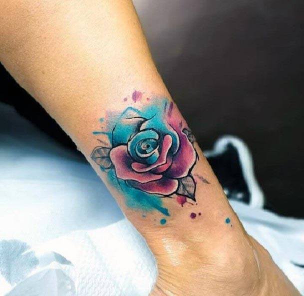 Pink And Blue Rose Watercolor Tattoo Women