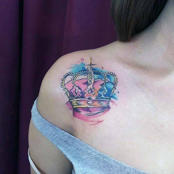 Pink And Blue Shaded Crown Tattoo Womens Shoulder