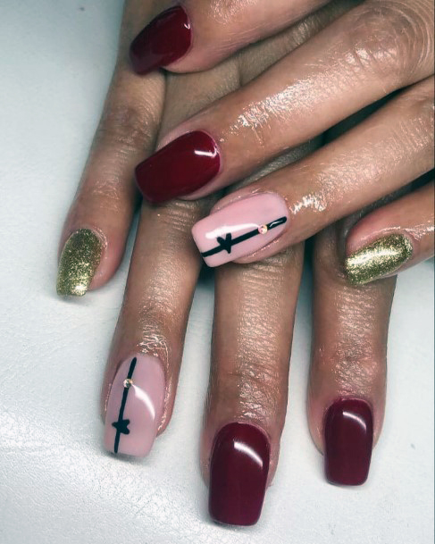 Pink And Gold With Red Heartbeat Nail Design