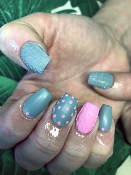 Pink And Grey Matte Nails Dots Design For Women