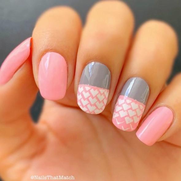 Pink And Grey Nails With White Heart Art For Women