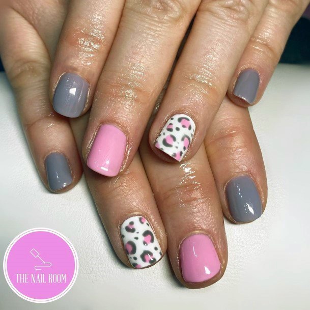 Pink And Grey Short Nails With Animal Prints For Women