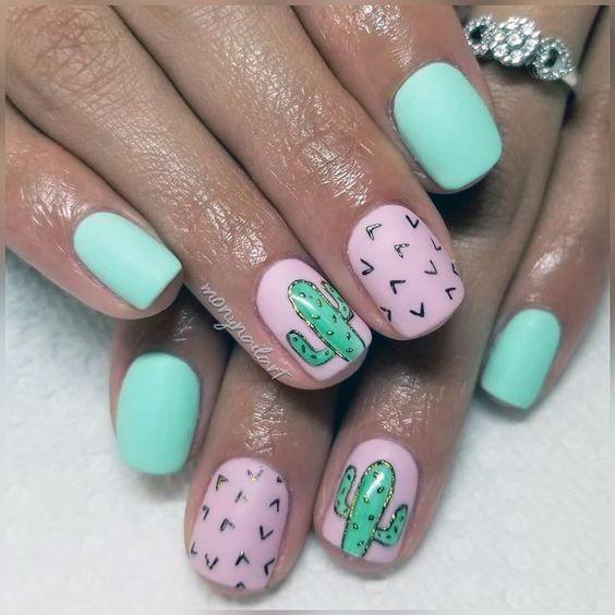 Pink And Pista Green Cactus Nails Women