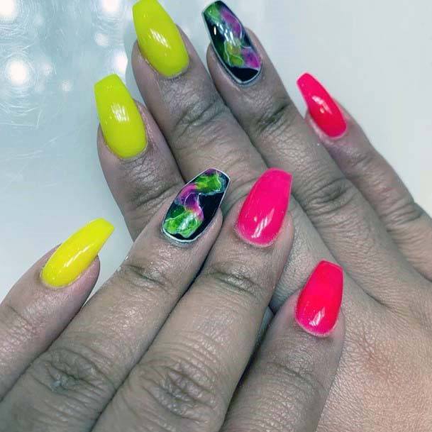 Pink Black Green And Bright Yellow Nails For Women