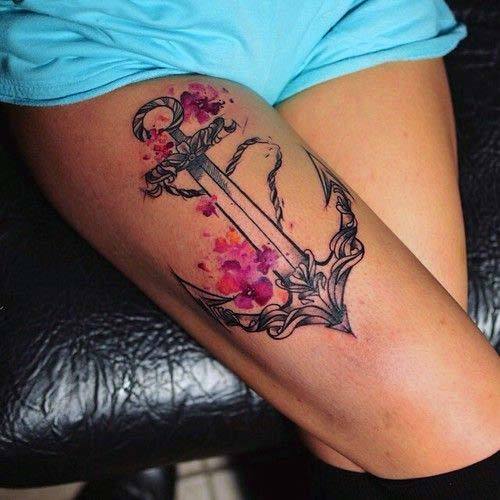 Pink Blooms Anchor Tattoo Women Thighs