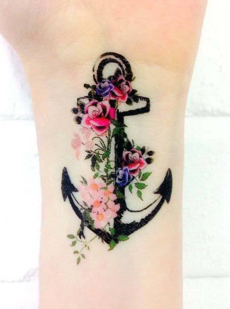 Pink Bloooms And Anchor Tattoo Women