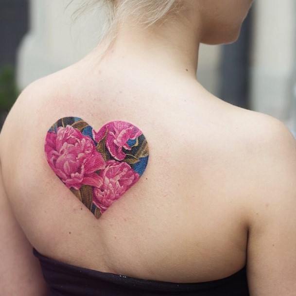 Pink Blossoms In Heart Tattoo Womens Back