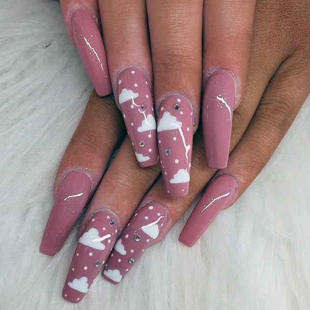 Pink Blush And White Clouds Creative Design On Nails