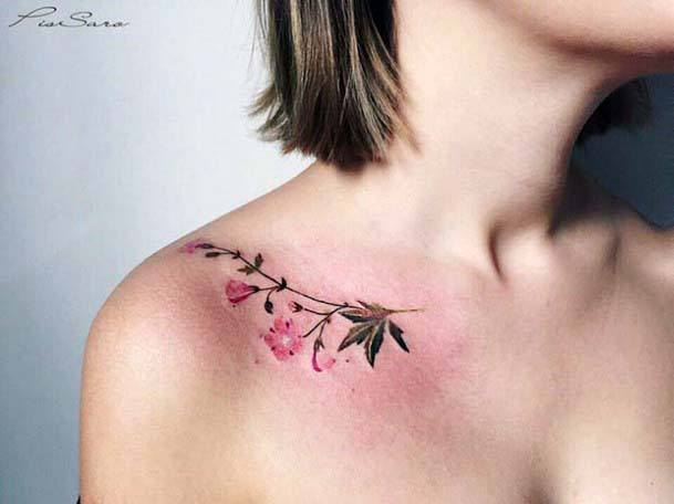 Pink Buds And Flower Tattoo Womens Collarbone