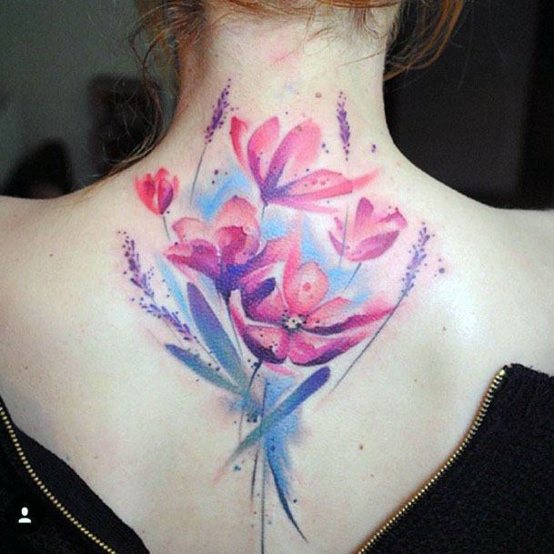 Pink Bunch Blossoms Womens Spine Tattoo