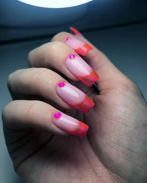 Pink Dotted Cuticle And Red Tipped Transparent Nails For Women