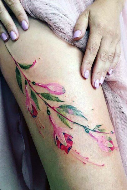 Pink Floral Tattoo Women Legs