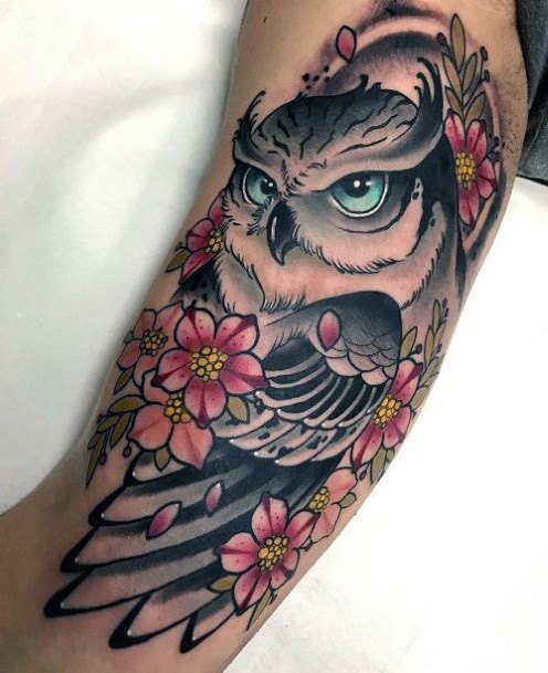 Pink Florals And Owl Tattoo Womens Arms