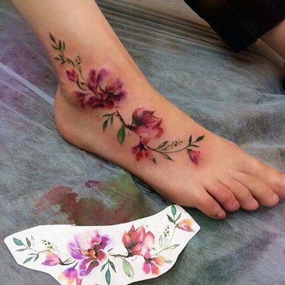 Pink Florals Foot Tattoo Women