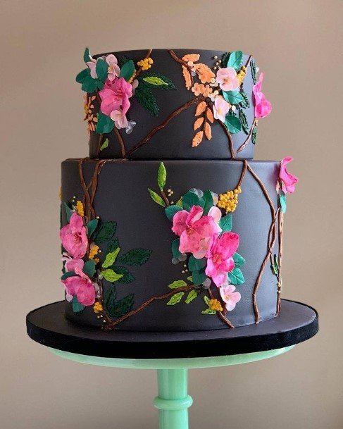 Pink Florals On Black Wedding Cake Design