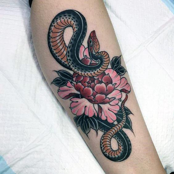 Pink Flower And Snake Tattoo Womens Hands