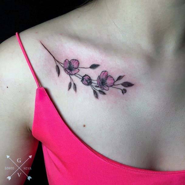 Pink Flower Tattoo Womens Collarbone