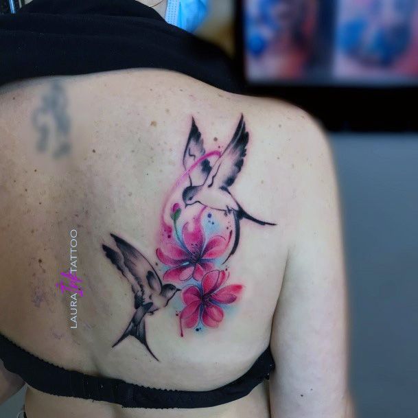Pink Flowers And Dove Tattoo Womens Back