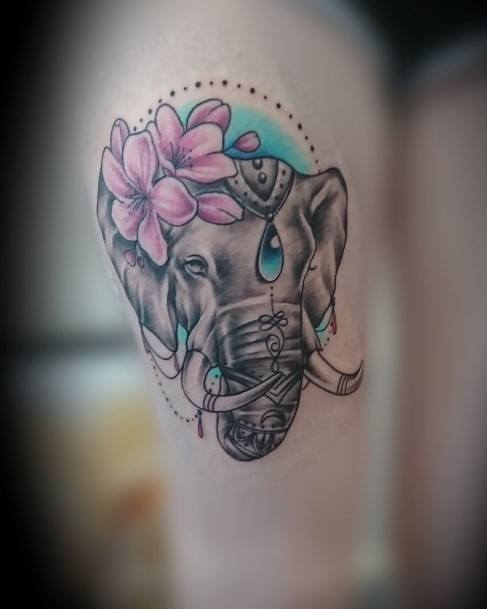 Pink Flowers And Elephant With Blue Stone Tattoo Womens Arms