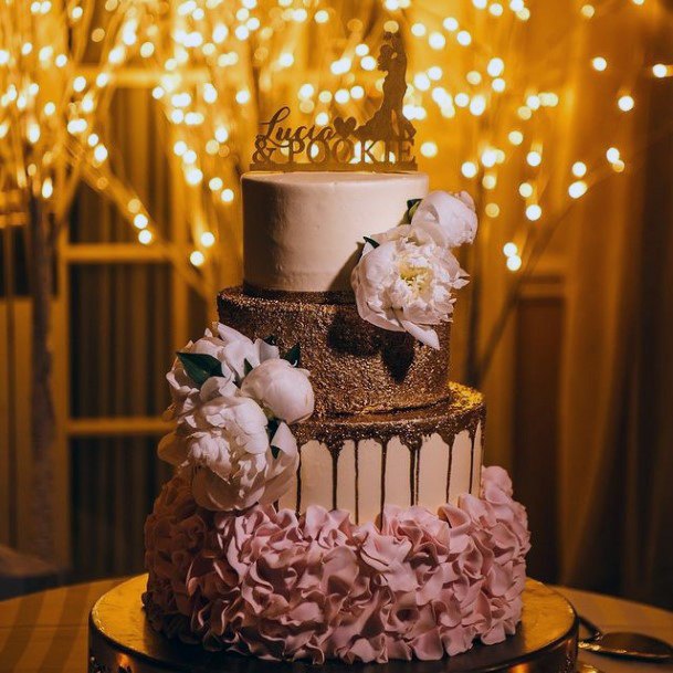 Pink Flowers And Gold Wedding Cake