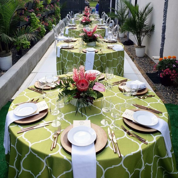 Pink Flowers And Green Table Cloth Hawaiian Wedding