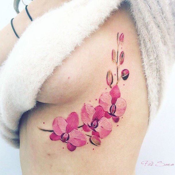 Pink Flowers Bunch Tattoo Womens Thigh