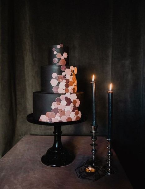 Pink Flowers On Black Wedding Cake