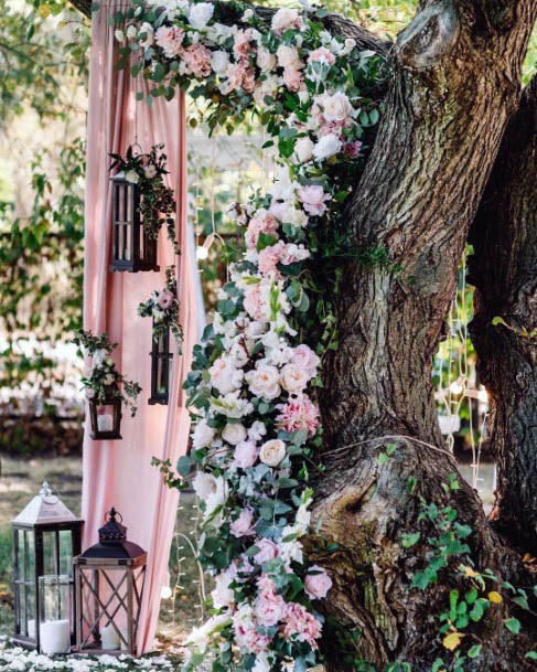 Pink Flowers On Tree Bark Wedding Flowers
