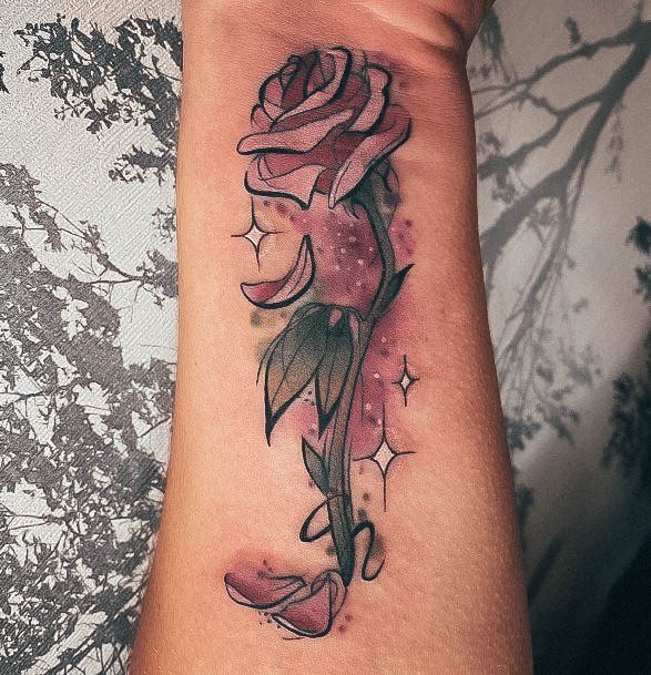 Pink Green Rose Forearm Wrist Female Beauty And The Beast Tattoos