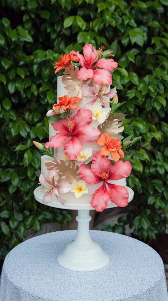 Pink Hibiscus Tropical Wedding Flowers Cake