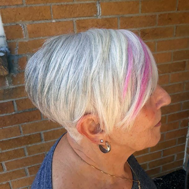 Pink Highlights Side Bangs Short Hairstyles For Older Women
