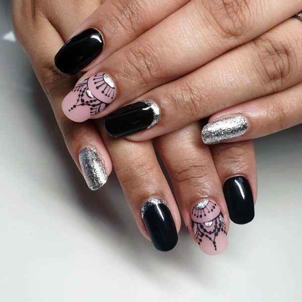 Pink Laced Design Black And Silver Nails Women