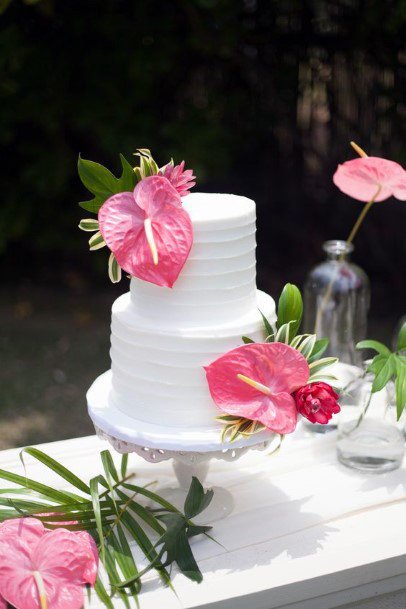 Pink Leaf On White Cakes Tropical Wedding Flowers