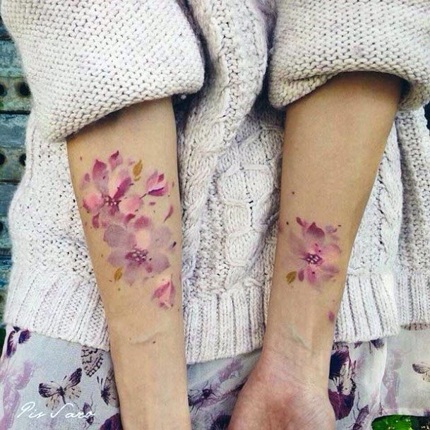 Pink Light Flowers Water Color Tattoo Womens Forearm