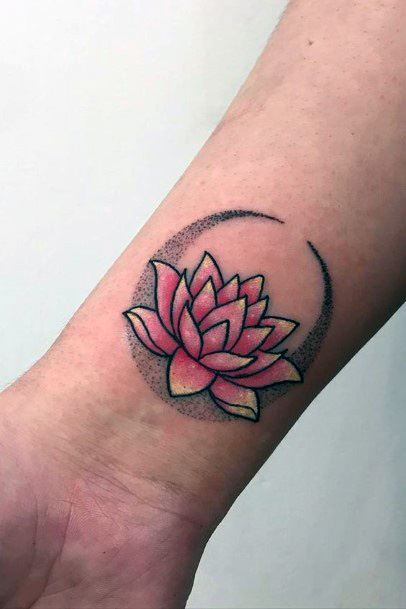 Pink Lotus With Yellow Flower Tattoo Womens Wrists