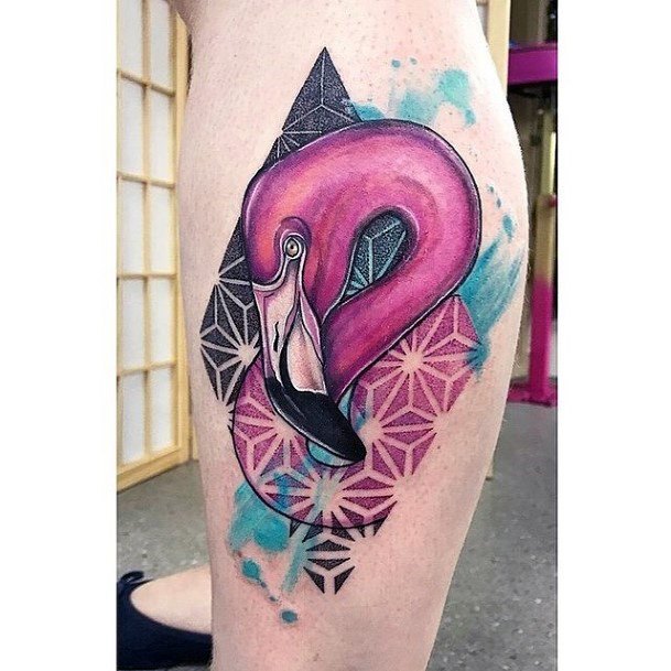 Pink Necked Swan Geometric Design Tattoo Women