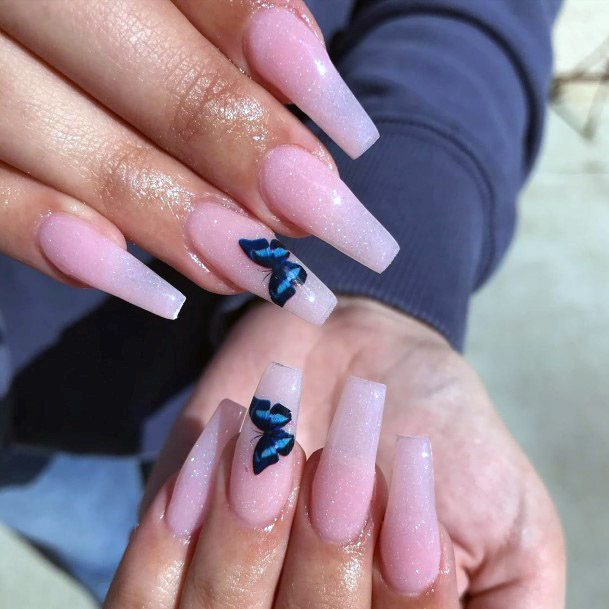 Pink Ombre Nails With Royal Blue Butterfly Women