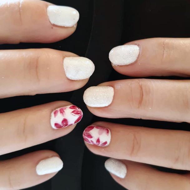 Pink Petalled Florals On Short White Nail Art For Women