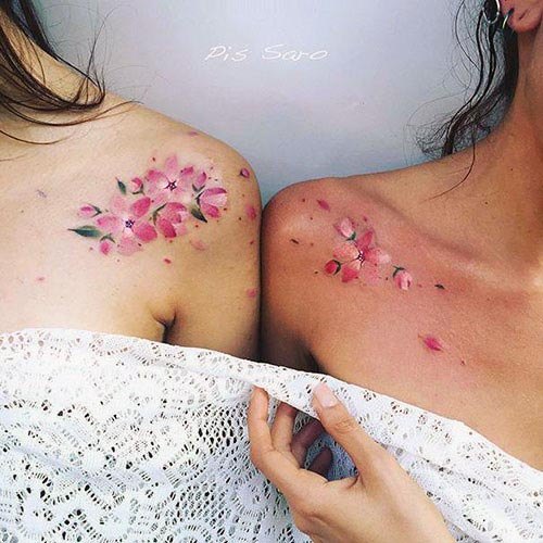 Pink Petals Mother Daughter Tattoo Shoulders