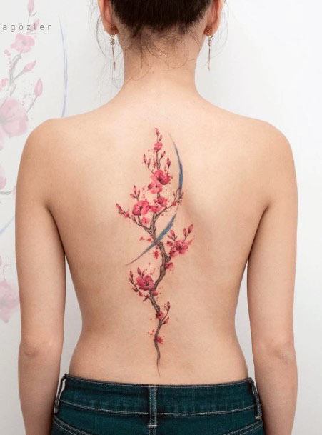 Pink Plant Spine Tattoo Women