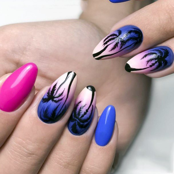 Pink Purple Palm Tree Nails Design For Women