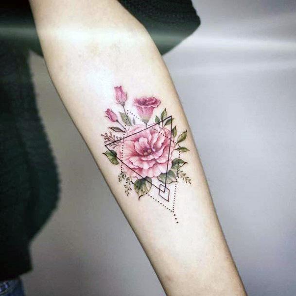 Pink Rose And Geometric Tattoo For Women