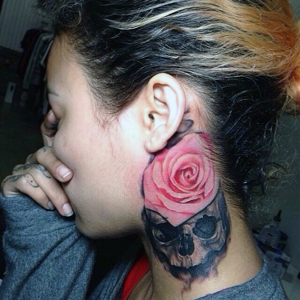 Pink Rose And Skull Womens Neck Tattoo