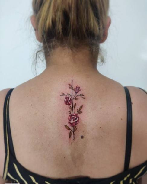 Pink Rose On Cross Tattoo For Women Back