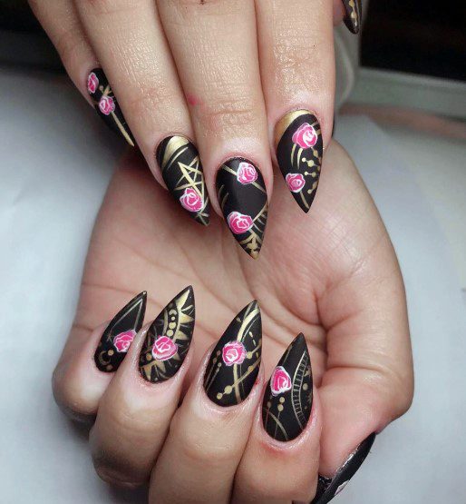 Pink Rose Plastered On Black Nails Women
